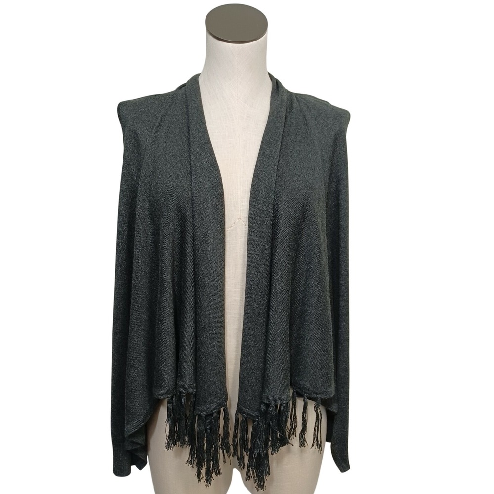 Cable & Gauge Vest Womens Small Soft Sweater Knit Shawl Collar Gray Fringe Front